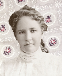 a photograph of Adeline Drummond with a rosebud fabric background