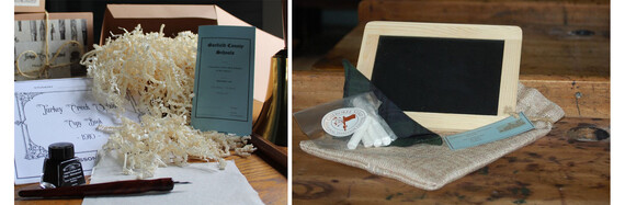A pen and ink set and a piece of chalk and slate from the Turkey Creek School at the Cherokee Strip Regional Heritage Center in Enid