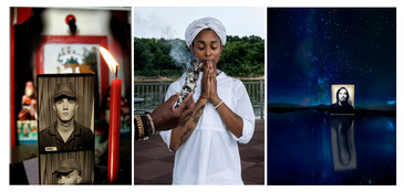 A collage of 3 photos. A photo strip of a soldier with a candle, A Ma'afa ceremony, burning sage and a boy praying, a photo of a man and the night sky