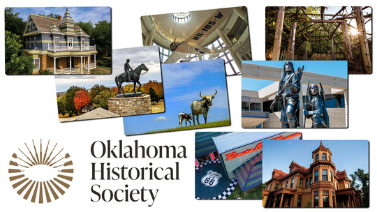 a series of 8 OHS membership cards featuring images of the Oklahoma History Center and several OHS Museums and Sites