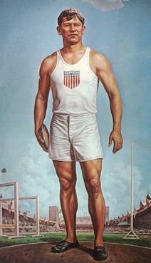 A portrait painted by Charles Banks Wilson of Jim Thorpe (Sac and Fox), dressed in a white tank top and shorts, at the 1912 Olympic Track
