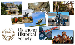 An array of new OHS membership cards with images of the Will Rogers Memorial, historic homes, and military sites. The OHS logo is featured.