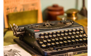 A vintage typewriter on a desk, from the home of Fred and Addie Drummond