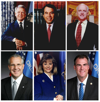 A collage of Oklahoma Governors including Nigh, Walters, Keating, Henry, Fallin, and Stitt.