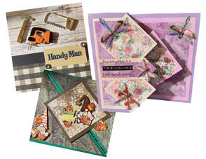 A collection of handmade greeting cards with a handyman, friendship, and holiday theme. Colors range from orange to purple to green.