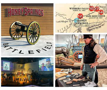 A collage of site photos depicting the cannon plaza, reenactors on horseback and giving demonstrations, and details of the exhibits