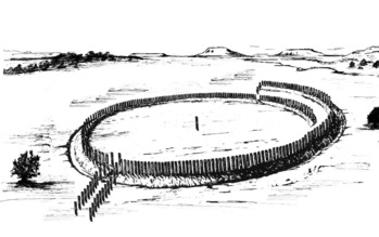 Early Wichita site, hand-drawn illustration of a fortification, with a circular, stockade style shape.