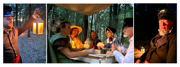 A collage of photos of living history reenactors holding lanterns, playing card with a lantern on the table and telling stories by lantern light