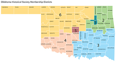 OHS Membership Districts Map with 6 zones marked in color fields. All of Oklahoma's counties are listed.