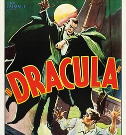Dracula movie poster with a drawing of Bela Lugosi as Dracula, looming over a man who is running from him. 1931 movie poster.