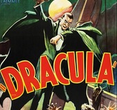 Dracula movie poster with a drawing of Bela Lugosi as Dracula, looming over a man who is running from him. 1931 movie poster.
