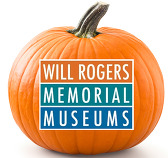 A pumpkin with the Will Rogers Memorial Museum logo
