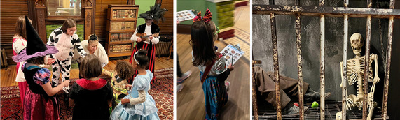 A collage of photos of Trick-or-Treaters and Halloween decorations inside the Oklahoma Territorial Museum in Guthrie.