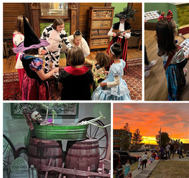 A collage of photos of Trick-or-Treaters and Halloween decorations inside the Oklahoma Territorial Museum in Guthrie.