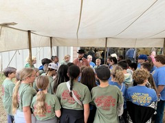 T. S. Akers making a Honeys Springs Battle presentation to a group of schoolchildren on Education Day.