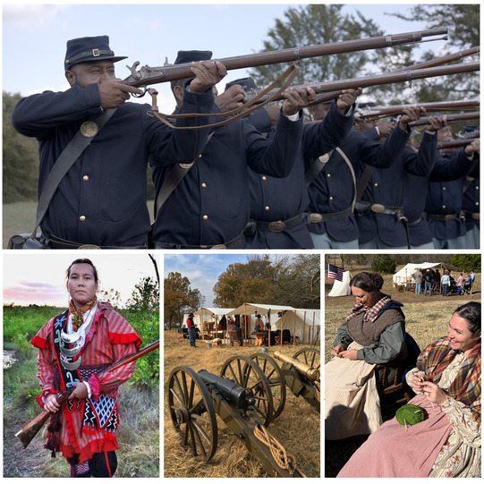 A collage of photos taken at the Honey Springs Battlefield reenactments, depicting living history volunteers, tents, cannons, and gunfire