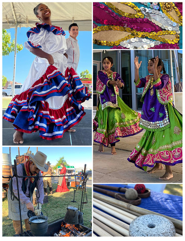 Dancers, performers, costume details, ballsticks collage of photos taken at the Oklahoma Folklife Festival