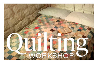 a banner that depicts a quilt in a soddie with the words "Quilting workshop"