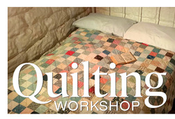 a banner that depicts a quilt in a soddie with the words "Quilting workshop"