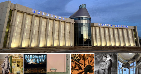 A photographic collage of the Oklahoma History Center's exhibit features and the exterior of the building
