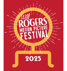 Will Rogers Motion Picture Festival logo with a red background and the icon of a "Dog Iron award" appearing in gold with radiating lines.