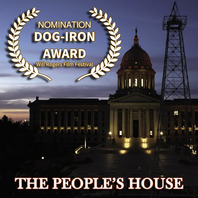 The Oklahoma Capitol building at twilight, with a laurel wreath graphic and the words "Nomination" Dog-Irons Award