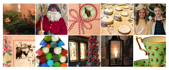 A collage of OHS holiday events. A holiday mantle, Santa, Christmas Crafts, candle lantern, young carolers, and decorations are pictured.