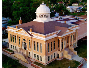 A birds eye view photo of the Oklahoma Territorial Museum Carnegie Library building