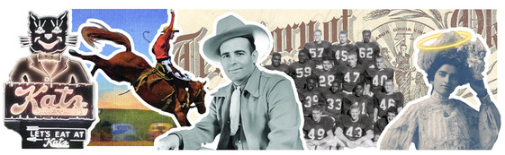 Katz Drugstore sign, a rodeo rider, Bob Wills, the Frederick Bombers football team, the Territorial Seal and Kate Barnard