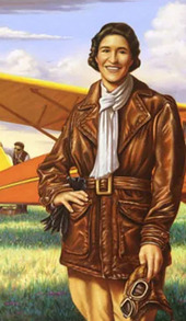 A painting by Christopher Nick of the female pilot Eula Pearl Carter Scott (Chickasaw). She is depicted by her plane, wearing a leather coat.
