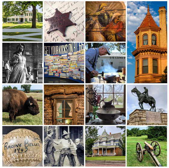 A collage of OHS Museums and Sites, historic photos and artifacts. A sheriff's badge, a cannon and a 1943 baseball are part of the collage