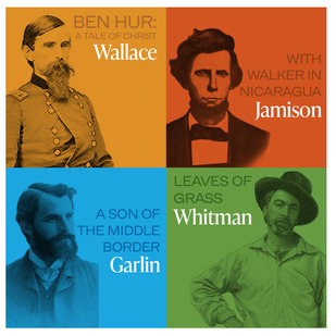 From The Stacks book series logo with brightly colored squares and images of Whitman, Garlin, Jamison, and Wallace