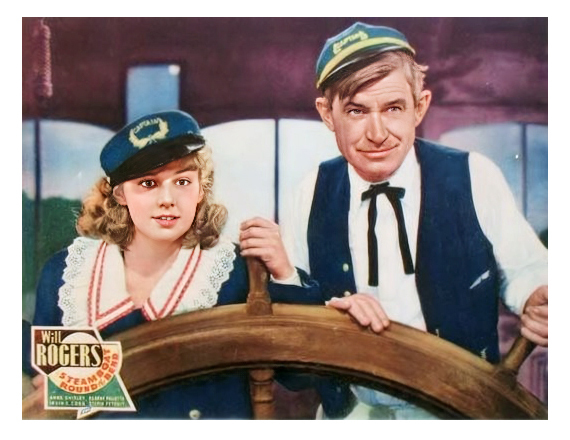 A promotional Movie Poster for the Will Rogers 1935 film Steamboat Round the Bend. Will Rogers and girl co-star are at the wheel of the boat.