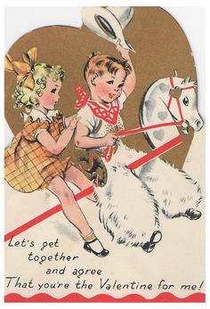 A vintage valentine card with a girl and a boy on a play horse.