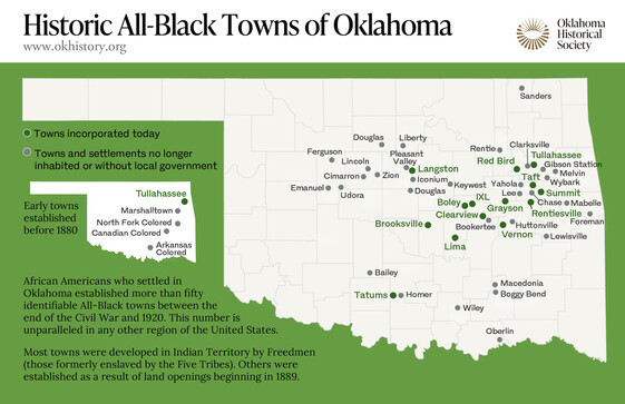 All-Black Towns map, featuring today's incoporated towns, and towns and settlements in OK that are no longer inhabited