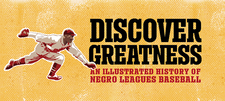 Banner art with a large yellow background and a posterized photo of Willie Foster, Black left-handed pitcher of the Chicago American Giants