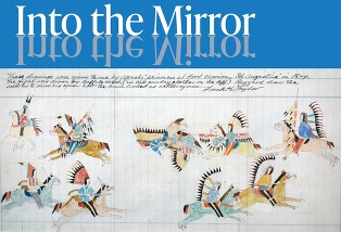 A graphic for the exhibit Into the Mirror, with a drawing by Buffalo Meat below the words "Into the Mirror" mirrored on itself