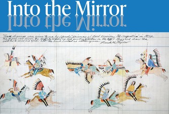 A graphic for the exhibit Into the Mirror, with a drawing by Buffalo Meat below the words "Into the Mirror" mirrored on itself