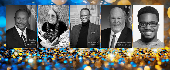 2024 Awardees Matthews, Echo-Hawk, Johnson, Luckerson, and Culvert. Their photos appear on a backdrop of yellow and blue confetti