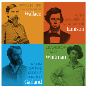 Four engravings of authors Walt Whitman, Hamlin Garland, Lew Wallace and James Carson Jamison, each featured in a colored square.