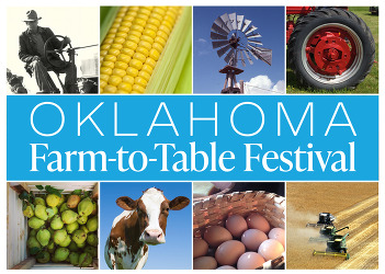 a logo for the Oklahoma Farm to Table Festival with pictures of of a farmer, corn, a windmill, a tractor wheel, pears, a cow and eggs