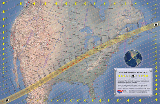 A map showing the path of the April 8, 2024 total eclipse of the sun path, through the SE corner of the state of Oklahoma.