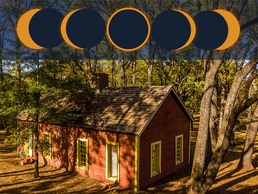 A series of graphics depicting a solar eclipse drift above a photo of the Sutlers Store at the Fort Towson Historic Site