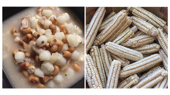 Two photos depicting a bin of dried corn and a prepared bowl of Hominy and beans