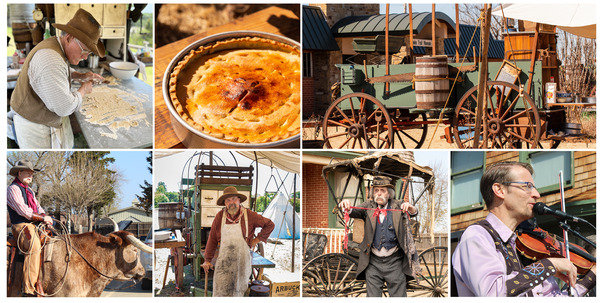 A collage of photos of chuck wagon cooks, chuck wagon pies, musicians, entertainers and a large Chuck Wagon outside of The Chisholm museum