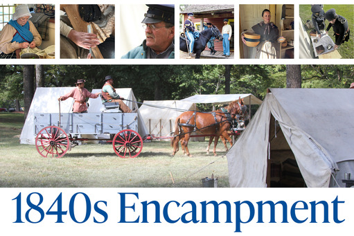 A graphic with photos of living history reenactors sewing, carving, riding on horses, staging military drills and tents and wagons