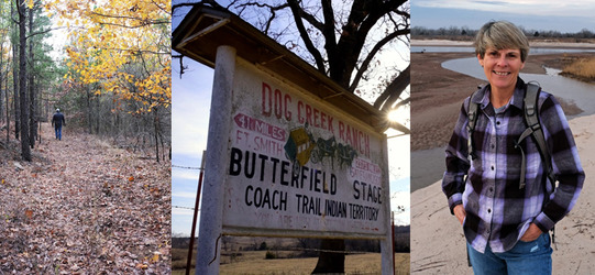 A sign along the Butterfield Stage Coach Trail, a man walking the trail, and a photo of Susan Dragoo