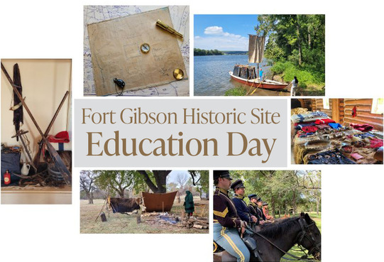  A collage of activities, maps, exhibits, keelboat, encampment, Military on horseback, and 19th-Century trading goods.