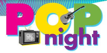 A colorful banner with bright pink, yellow, blue and greens that reads POP Night. A guitar and television are a part of the graphic.