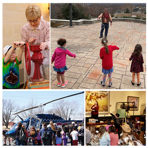 A series of 4 pictures depicting docents leading children through activities and the Will Rogers Museum. Roping, grinding corn
